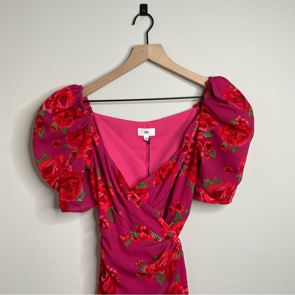 LPA Araceli Puff Sleeve Floral Wrap Mini Dress Pink - Picture 3 of 7